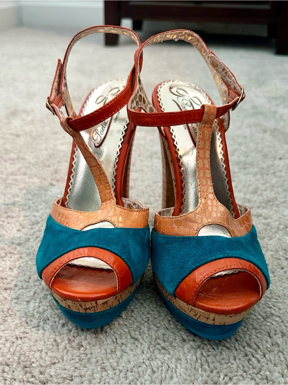 Poetic License Spring Fling Teal and Orange Cork-Platform T-Strap Sandals